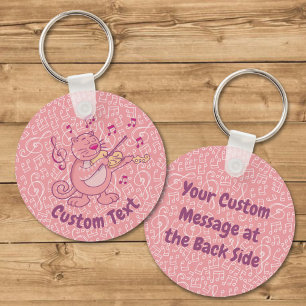 Rosa Cat med Violin Keychain Nyckelring