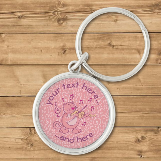 Rosa Cat med Violin Keychain Rund Silverfärgad Nyckelring (Skapare uppladdad)
