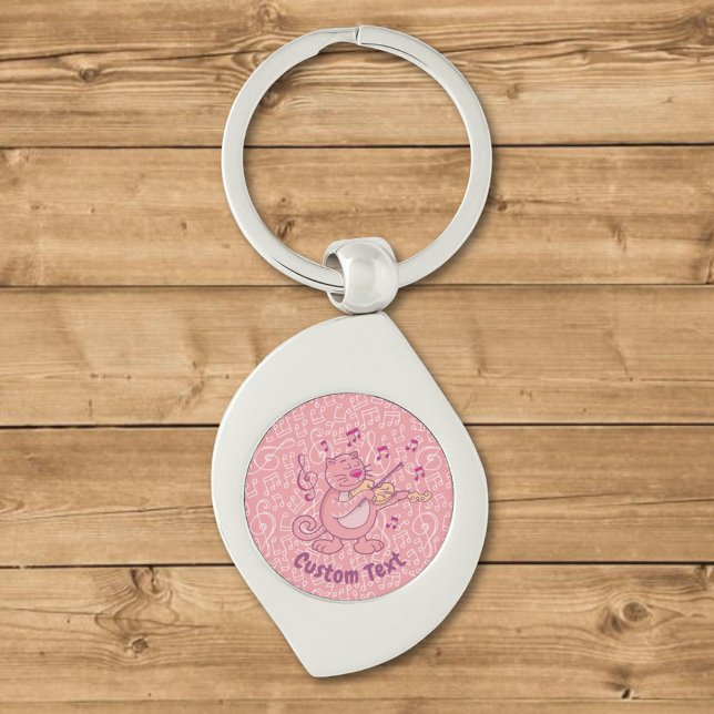 Rosa Cat med Violin Keychain Swirl Silverfärgad Nyckelring (Skapare uppladdad)