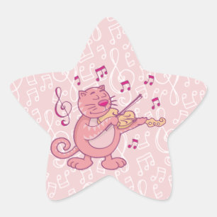 Rosa Cat med Violin Stjärnformat Klistermärke