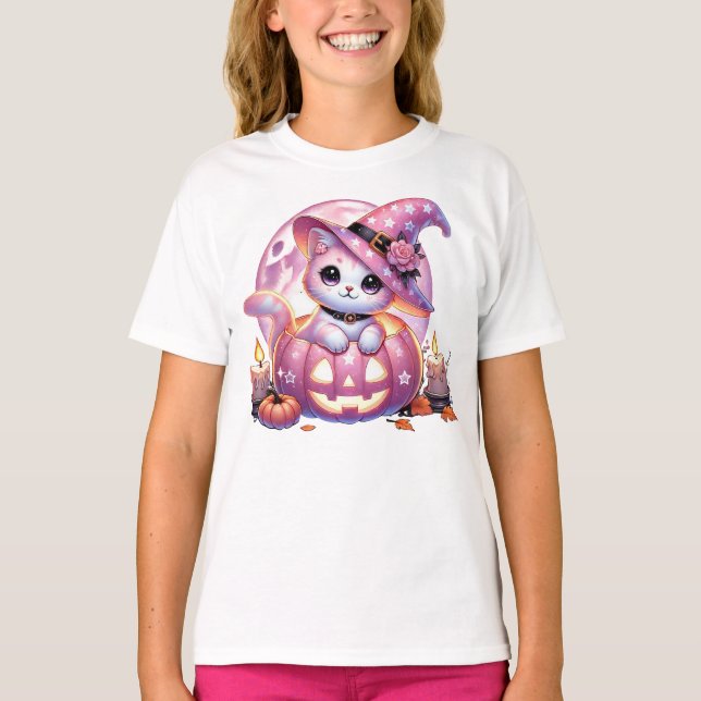 Rosa Cat och pumpa T Shirt (Framsida)
