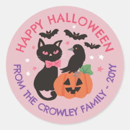 Rosa Cat Pumpkin Raven Happy halloween Runt Klistermärke