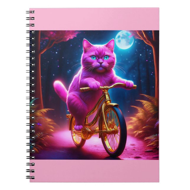 Rosa Cat Riding on Golden Bicycle Anteckningsbok (Framsidan)