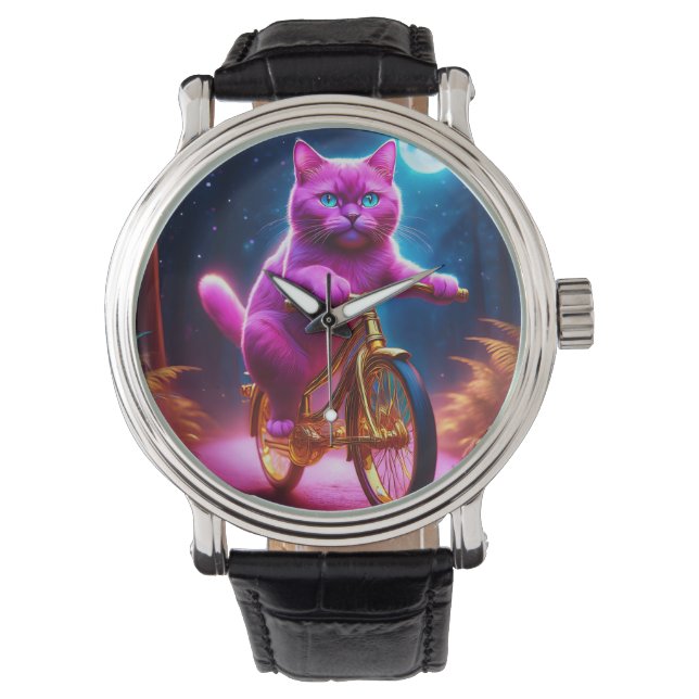 Rosa Cat Riding on Golden Bicycle Armbandsur (Framsida)