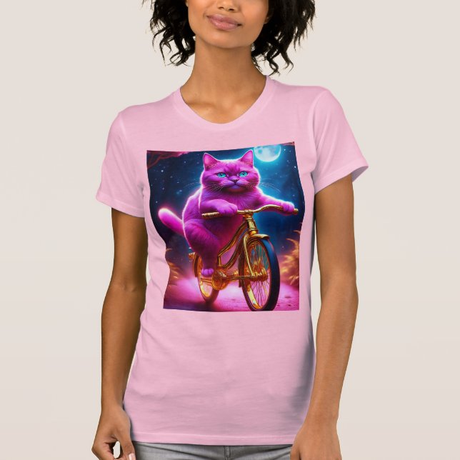 Rosa Cat Riding on Golden Bicycle T Shirt (Framsida)