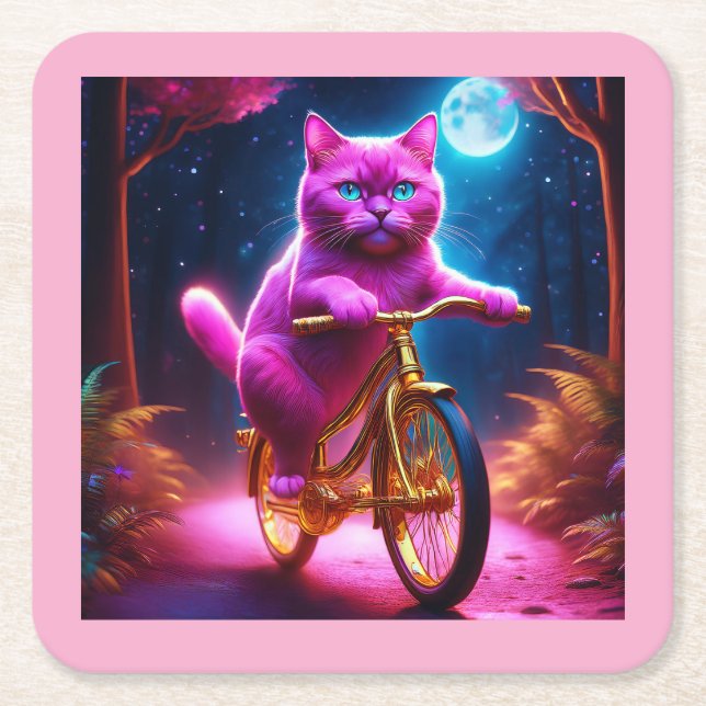 Rosa Cat Riding on Golden Bicycle Underlägg Papper Kvadrat (Framsidan)