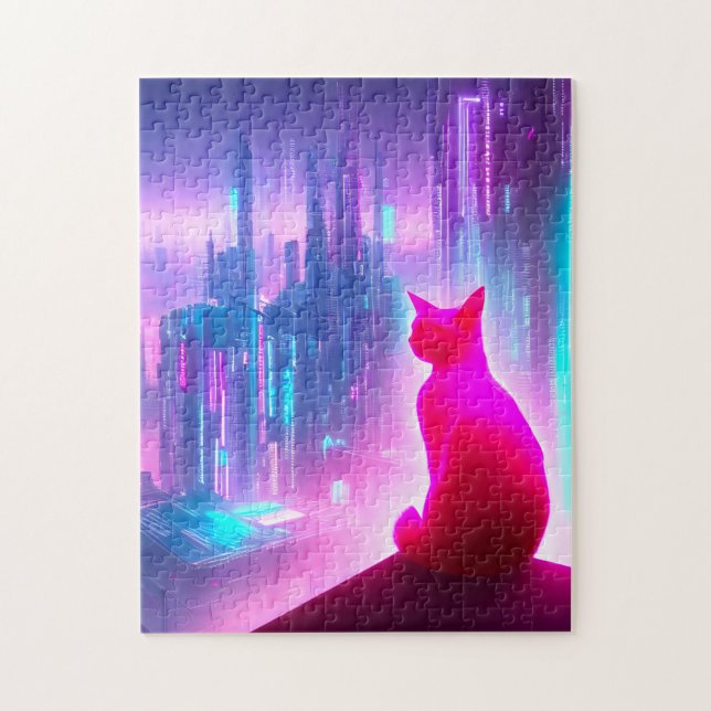 Rosa Cat Tittar ut över staden Jigszle Puzzle Pussel (Vertikal)
