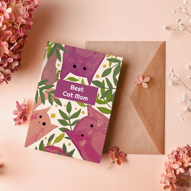 Rosa Cats och grenar Best cat mamma Helgdag Card Julkort (Skapare uppladdad)
