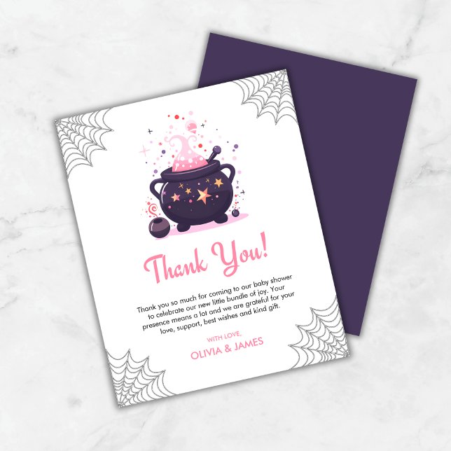 Rosa Cauldron Halloween Baby Shower Tack för ditt  (Budget Pink Cauldron A Baby is Brewing Halloween Baby Shower Thank You Card  )