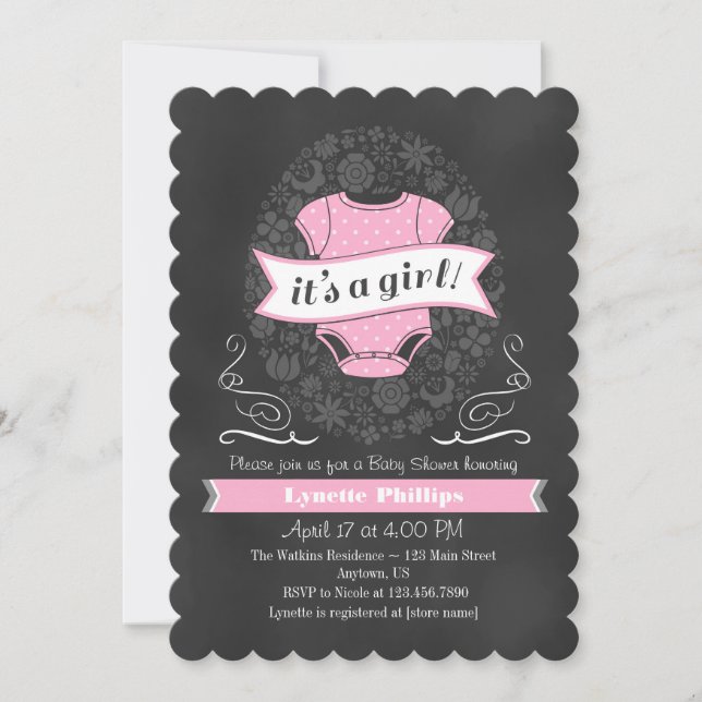 Rosa Chalkboard Girl Baby Shower Inbjudan (Framsida)