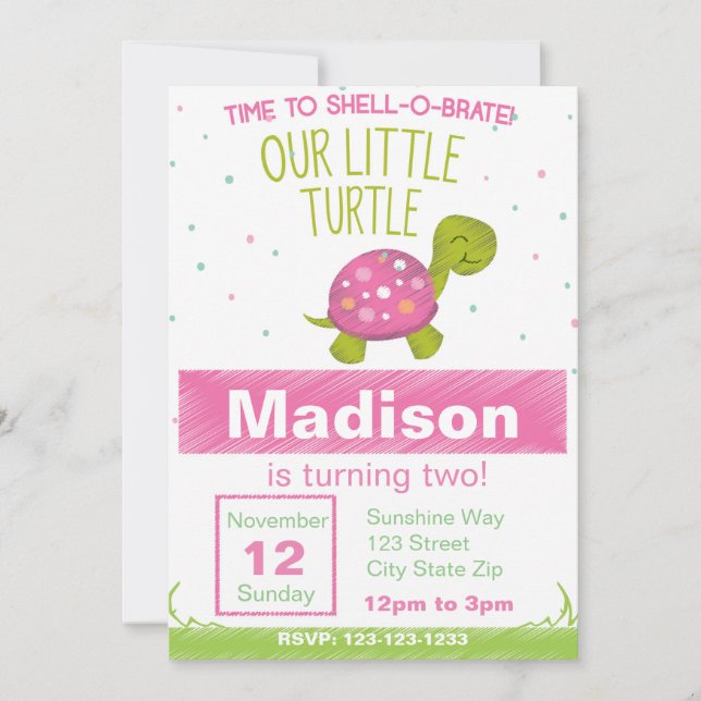 Rosa Chalkboard Turtle Birthday Inbjudan (Framsida)