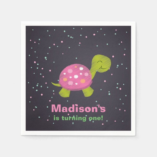 Rosa Chalkboard Turtle Party Napkin Pappersservett (Framsidan)