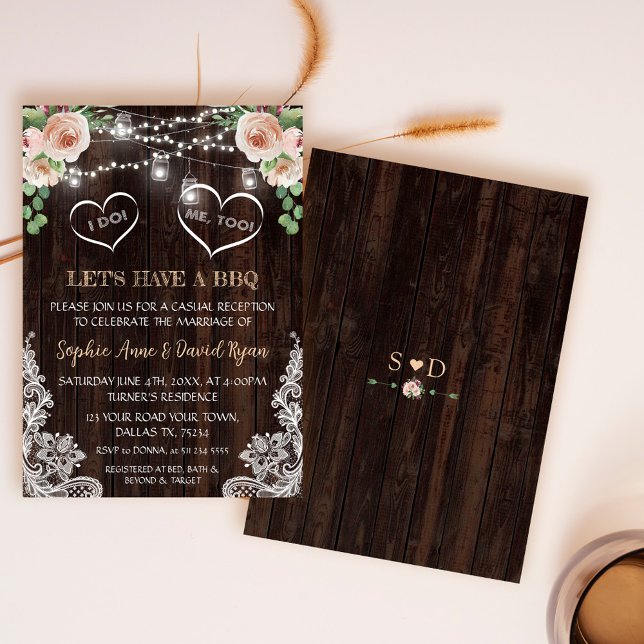 Rosa Champagne Blommig Stränglyktor Lada Jag Gör B Inbjudningar (rustic we said I do bbq, boho floral wood wedding bbq invite, trendy lace floral I do bbq invite)