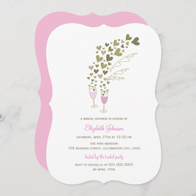 Rosa Champagne Cheers Hearts Möhippa Inbjudan (Fram/baksida)