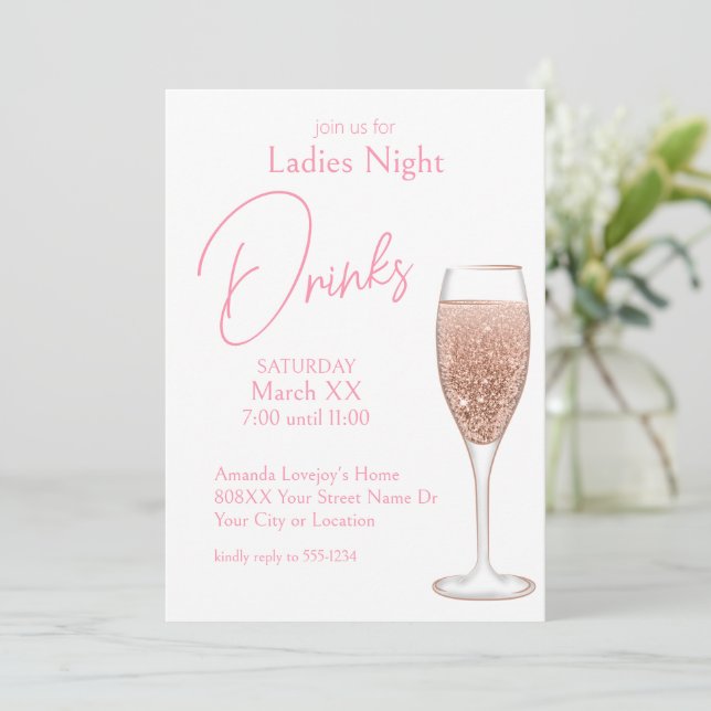 Rosa Champagne Dam Night Drinks Inbjudningar (Stående Fram)