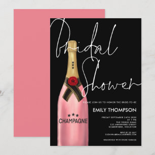Rosa Champagne Flaska Script Black Möhippa Inbjudningar