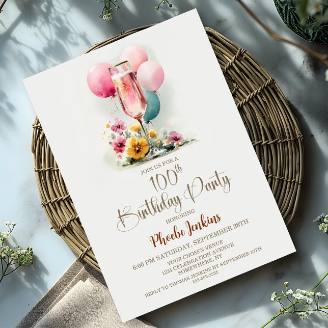 Rosa Champagne Glass 100:e Födelsedagsfesten Inbjudningar (Skapare uppladdad)