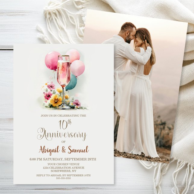 Rosa Champagne Glass 10:e Bröllop-årsdagen Inbjudningar (Skapare uppladdad)