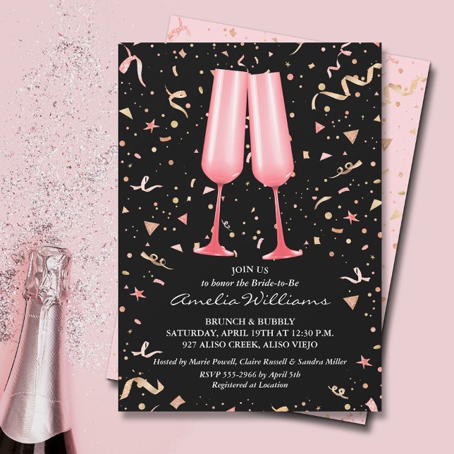 Rosa Champagne Möhippa Inbjudningar (Pink champagne glasses and streamers on black bridal shower invitations)