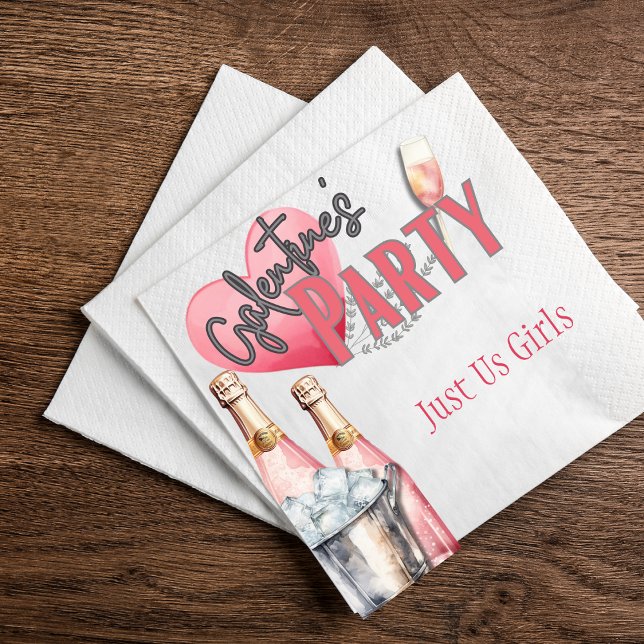Rosa Champagne och Ice Bucket Galentine Party Pappersservett (Galentine party napkins with pink proseco and cute ice bucket that match your invites.)