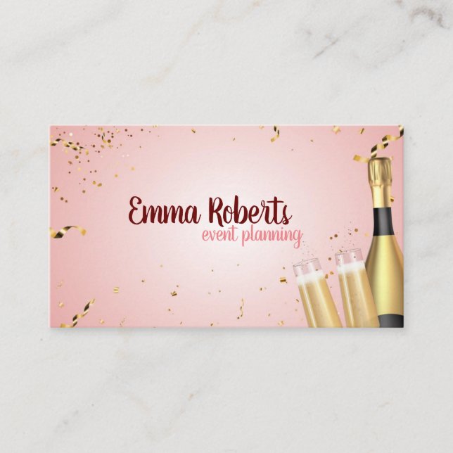 Rosa Champagne Party Planning Modern Affärskort Visitkort (Framsida)