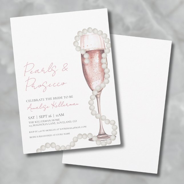 Rosa Champagne Pearls & Prosecco Möhippa Inbjudningar (Elegant Pink Champagne Bridal Shower Invitation)