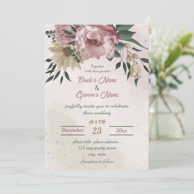 rosa champagneblommor botaniska bröllop inbjudningar (Stående Fram)