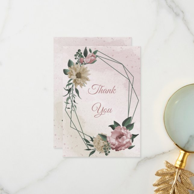 rosa & champagneblommor grönt löv tack kort (Fram/Back In Situ)