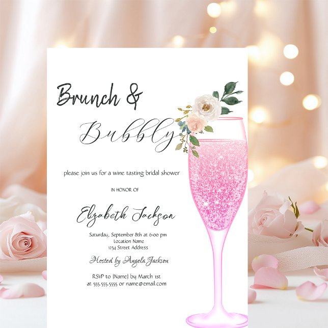 Rosa champagneglas blomsterbrunch & bubbel  inbjudningar (Skapare uppladdad)
