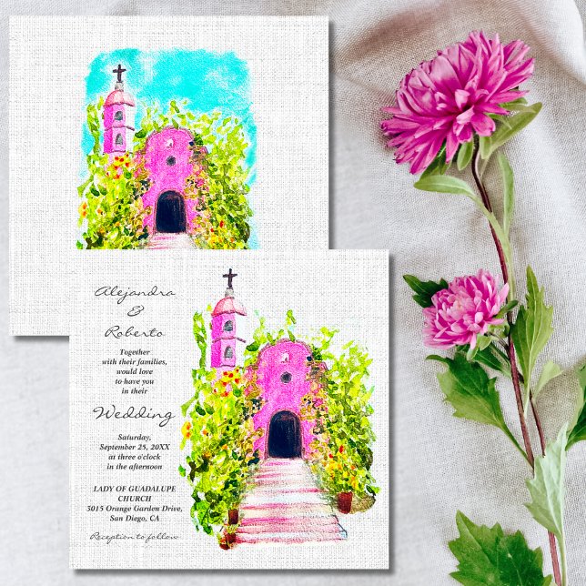 Rosa Chapel Watercolor Mexican bröllopsinbjudan (Skapare uppladdad)