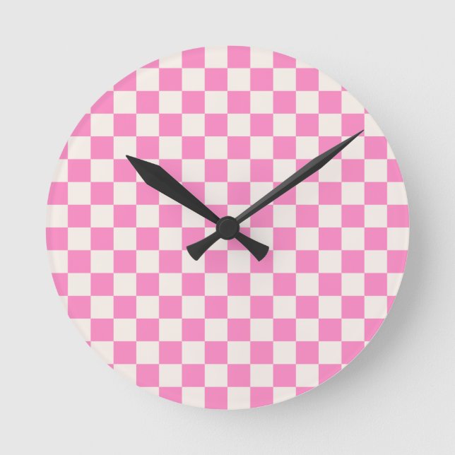 Rosa Check, Checkerboard Mönster, Checkered, Check Rund Klocka (Framsida)