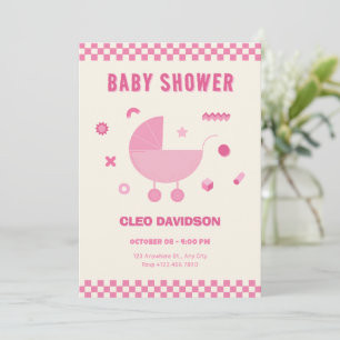 Rosa Checkated babydusch för baby barnvagn Inbjudningar