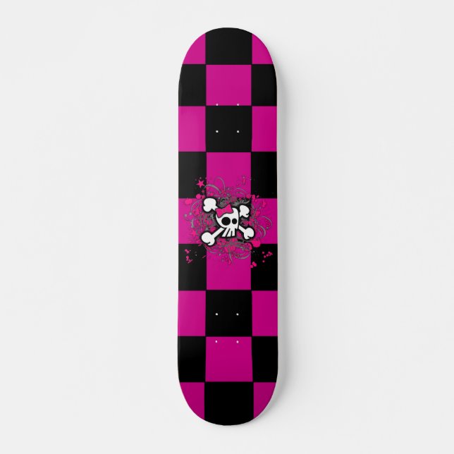 Rosa Checker Girly Döskalle skateboard (Framsida)