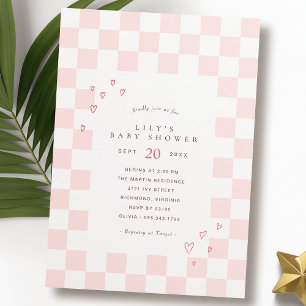 Rosa Checkerboard Cute Hearts Girl Baby Shower Inbjudningar
