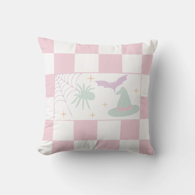 Rosa Checkerboard Halloween Spooky Vibes Kudde (Framsida)