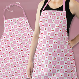 Rosa Checkerboard med Cherry and Flower Apron