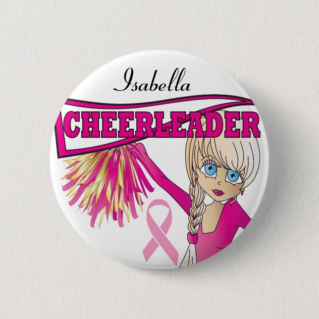 Rosa CheerLeader Bröstcancer medvetenhet Button Knapp (Framsida)