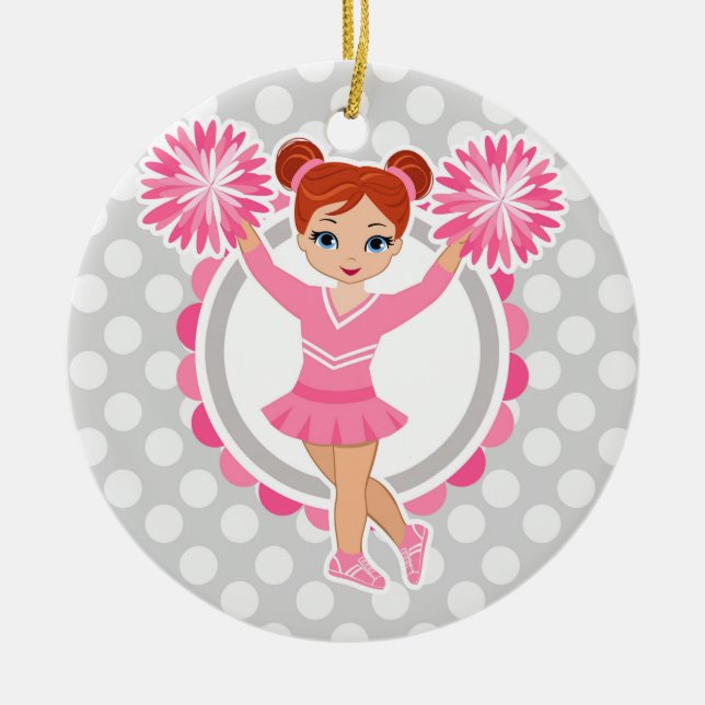 Rosa CheerLeader-Rödhåriget - Cute Cheer Julgransprydnad Keramik (Framsidan)