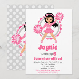 Rosa Cheerledare Black Hair Girls Cheer Birthday Inbjudningar