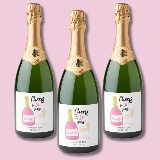 Rosa Cheers till 30 år med bubblor 30års födelseda (Cheers to 30bottle labels.  Full 30th birthday party range collection.)