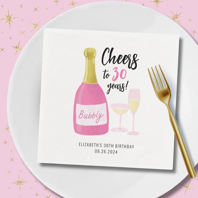 Rosa Cheers till 30 år med bubblor 30års födelseda Pappersservett (Cheers to 30 years pink champagne paper napkins.  Full 30th birthday party range collection.)