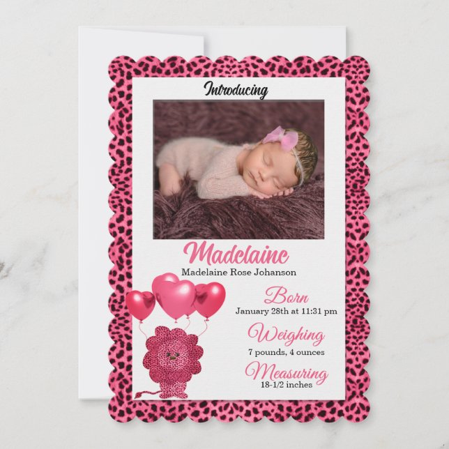 Rosa Cheetah Birth Announcement Baby Fotto Meddelande (Framsida)