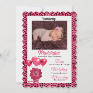 Rosa Cheetah Birth Announcement Baby Fotto Meddelande