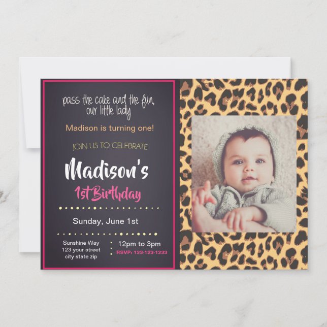 Rosa Cheetah Birthday-inbjudan med foto Inbjudningar (Framsida)