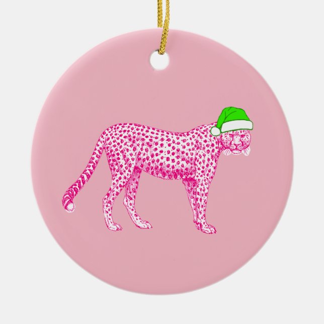 Rosa Cheetah i Santa Hat Julgransprydnad Keramik (Framsidan)