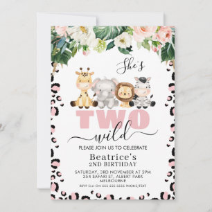 Rosa Cheetah Print Cute Två Vilder andra födelseda Inbjudningar