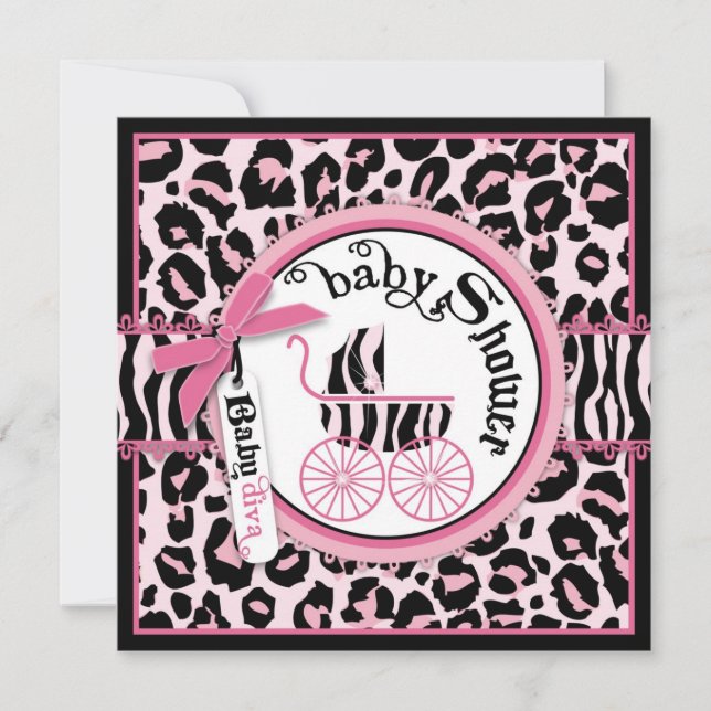 Rosa Cheetah Rockstjärna Baby Carriage Baby Shower Inbjudningar (Framsida)