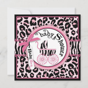 Rosa Cheetah Rockstjärna Baby Carriage Baby Shower Inbjudningar