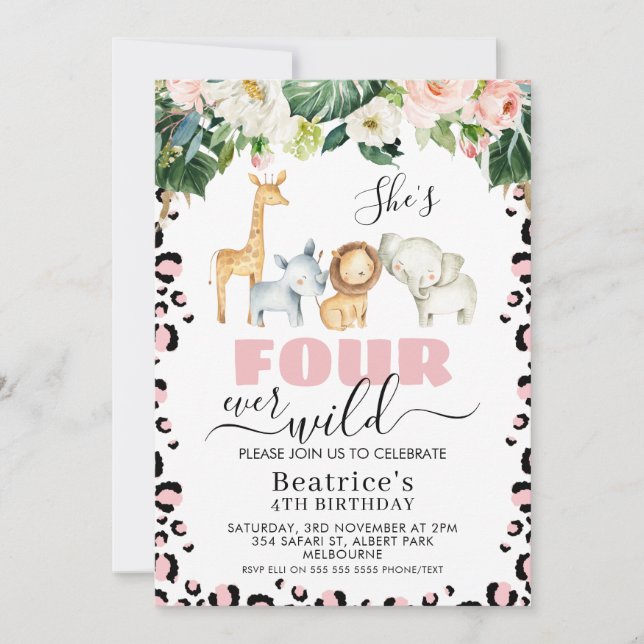 Rosa Cheetah skriver ut fyra gånger om Vilden 4e f Inbjudningar (Framsida)