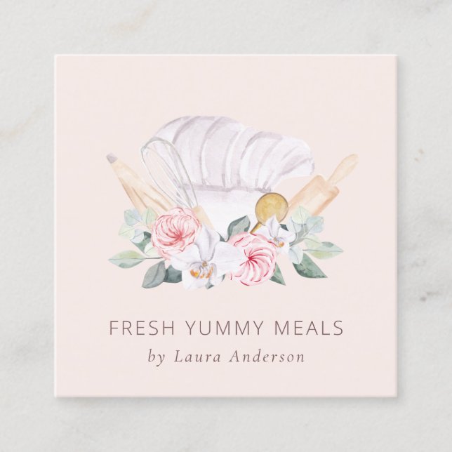  Rosa Chef Hat Catering Blommigt Roller Whisk Fyrkantigt Visitkort (Framsida)